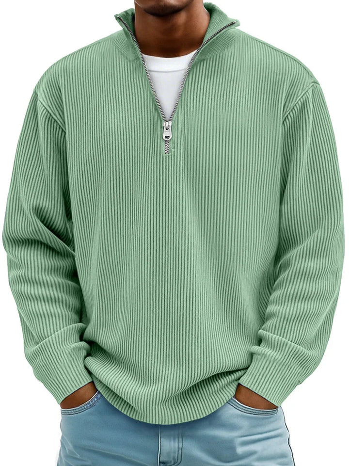 Thijs geribbelde half-zip sweater in lichtgroen, vooraanzicht
