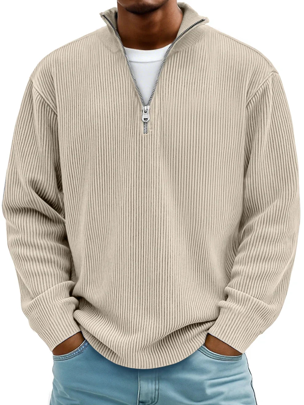 Thijs geribbelde half-zip sweater in beige, vooraanzicht