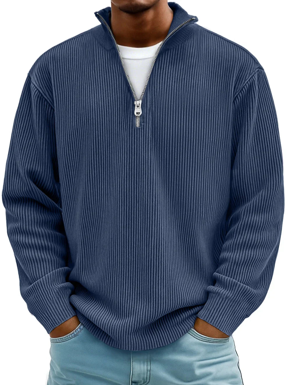 Thijs geribbelde half-zip sweater in marineblauw, vooraanzicht