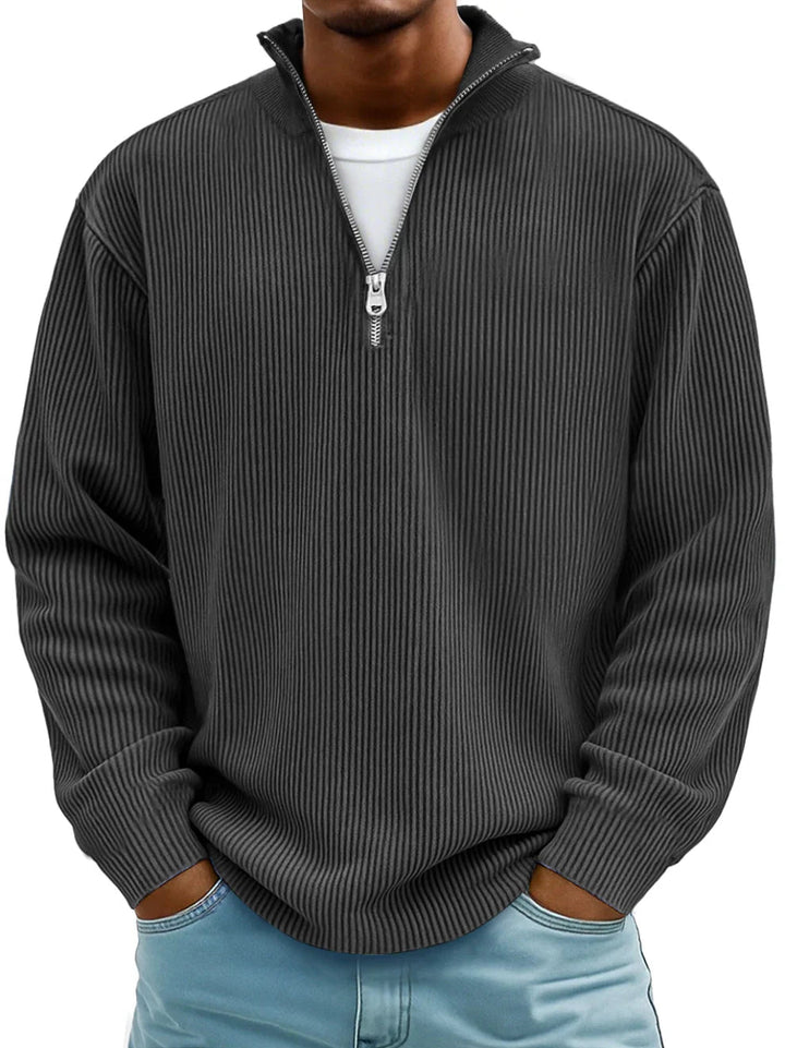 Thijs geribbelde half-zip sweater in antraciet, vooraanzicht