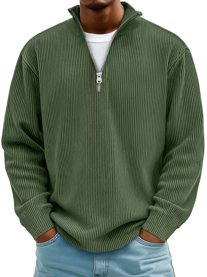 Thijs geribbelde half-zip sweater in donkergroen, vooraanzicht