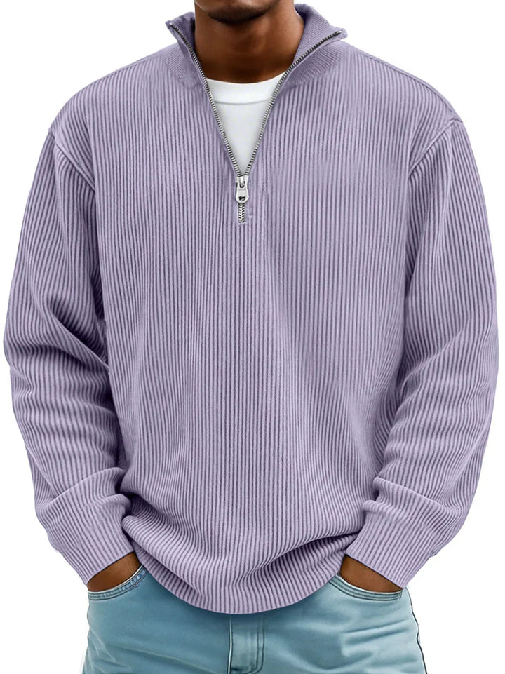 Thijs geribbelde half-zip sweater in paars, vooraanzicht