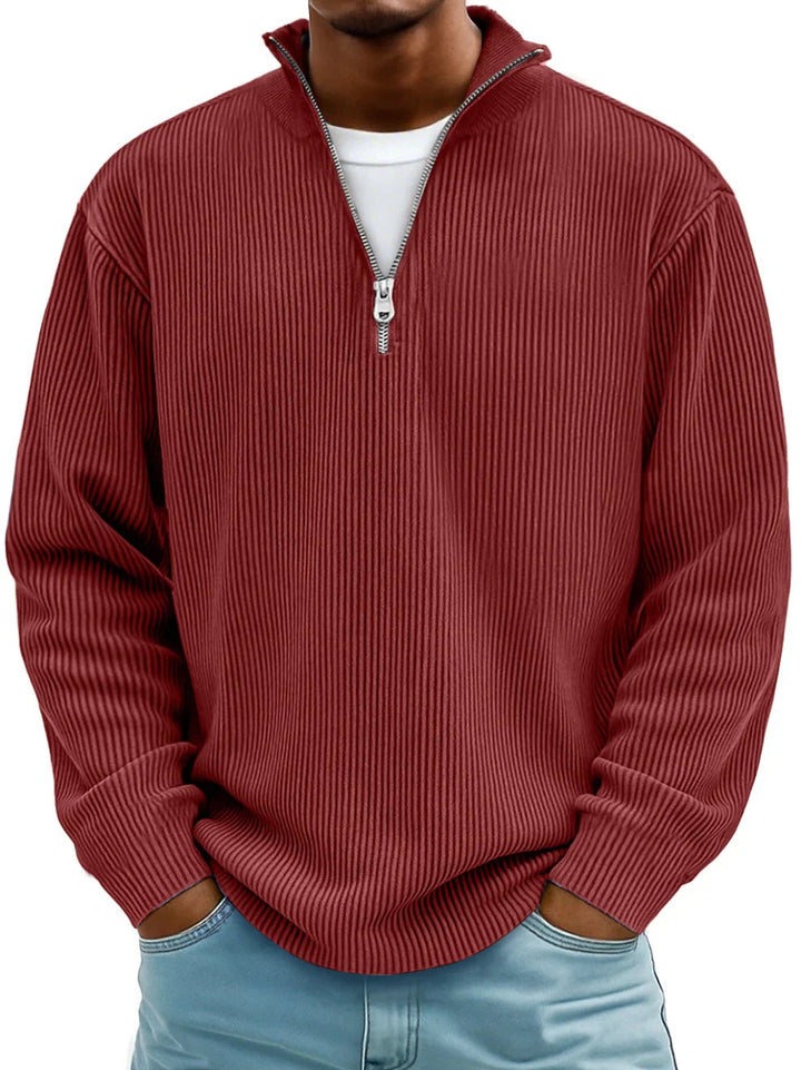 Thijs geribbelde half-zip sweater in rood, vooraanzicht