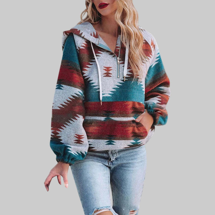 Vera etnisch print hoodie met half-zip kraag, vooraanzicht groen-rood