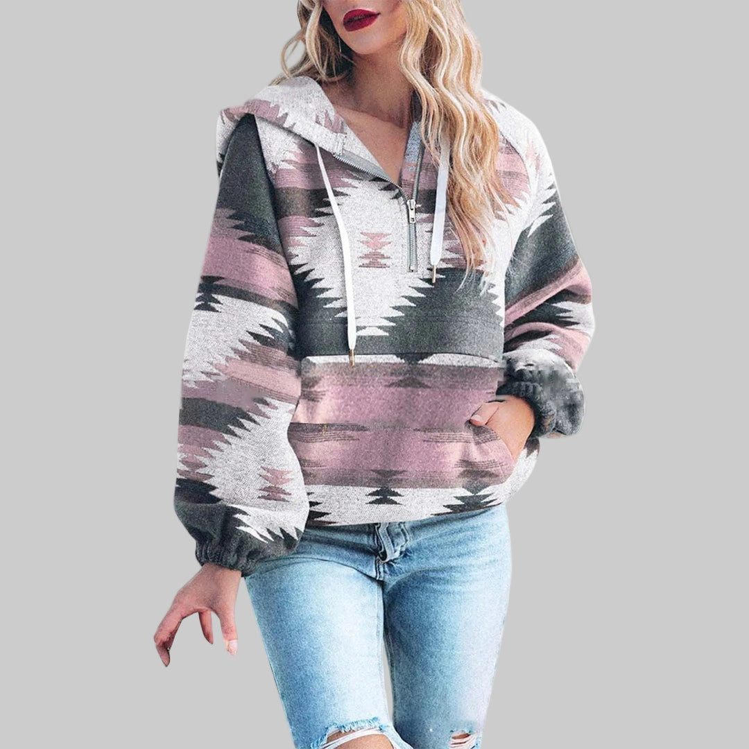 Vera etnisch print hoodie met half-zip kraag, vooraanzicht roze