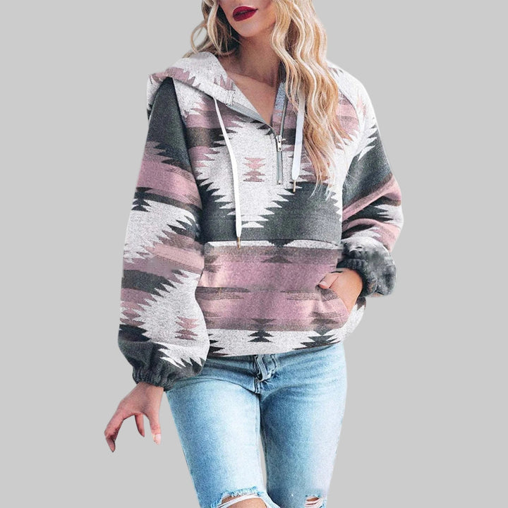 Vera etnisch print hoodie met half-zip kraag, vooraanzicht roze