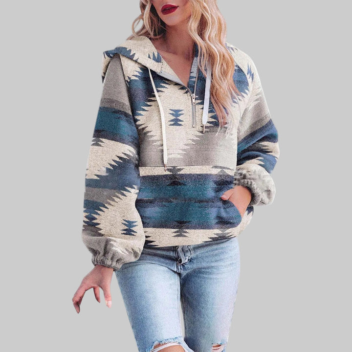 Vera etnisch print hoodie met half-zip kraag, vooraanzicht blauw