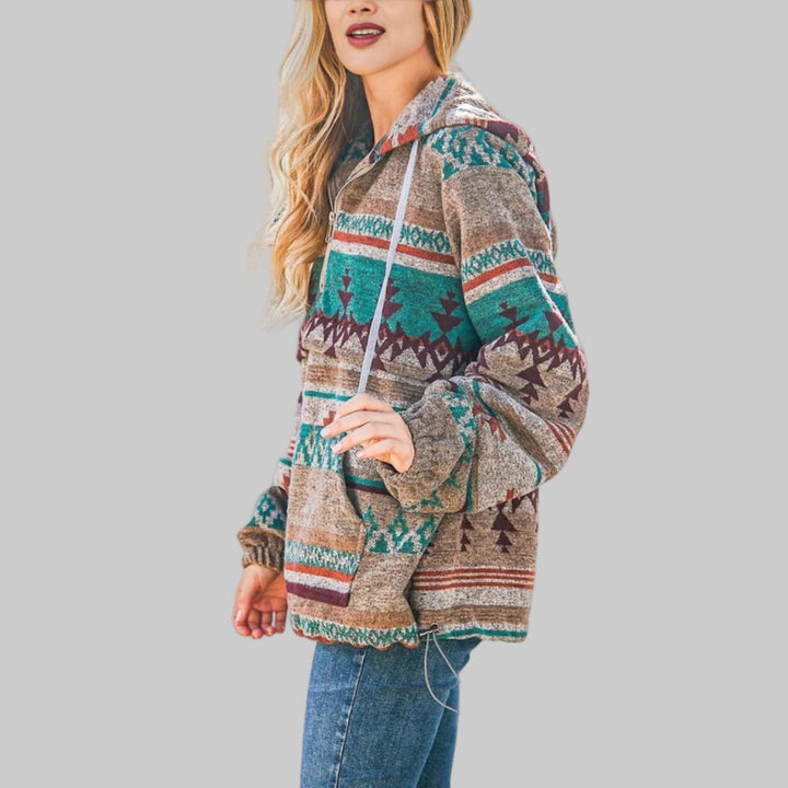 Vera etnisch print hoodie met half-zip kraag, zijaanzicht groen-bruin