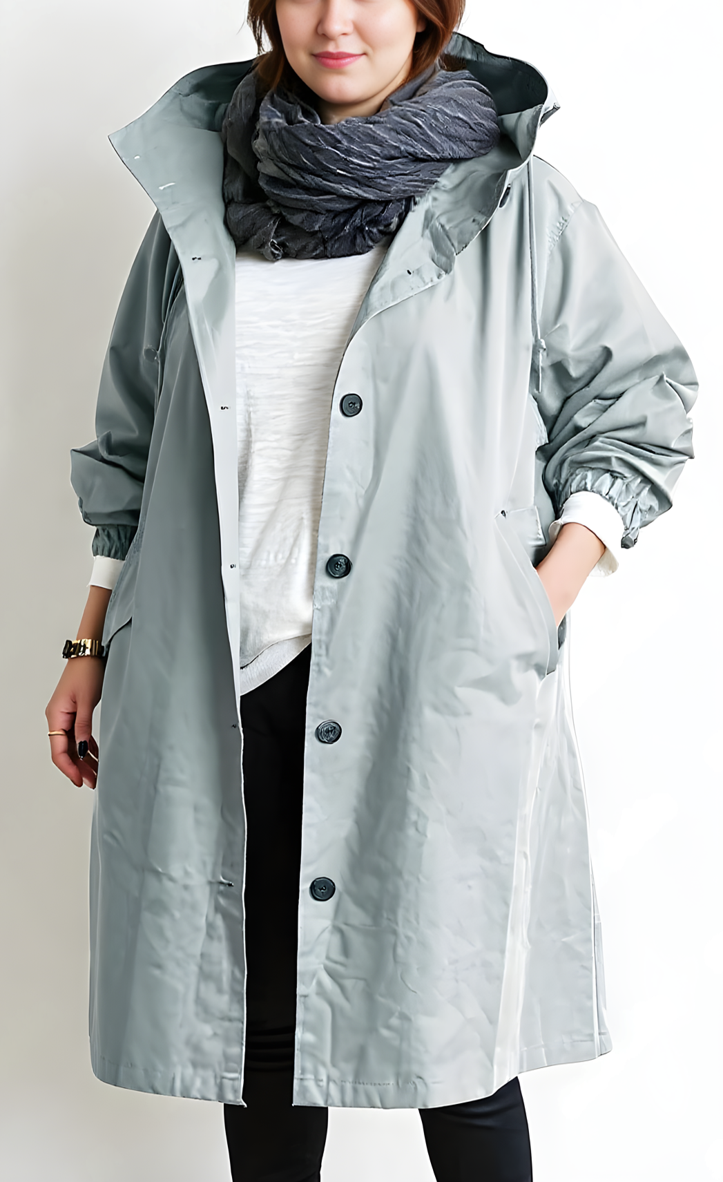 Vera capuchon trenchcoat in grijs, vooraanzicht met sjaal
