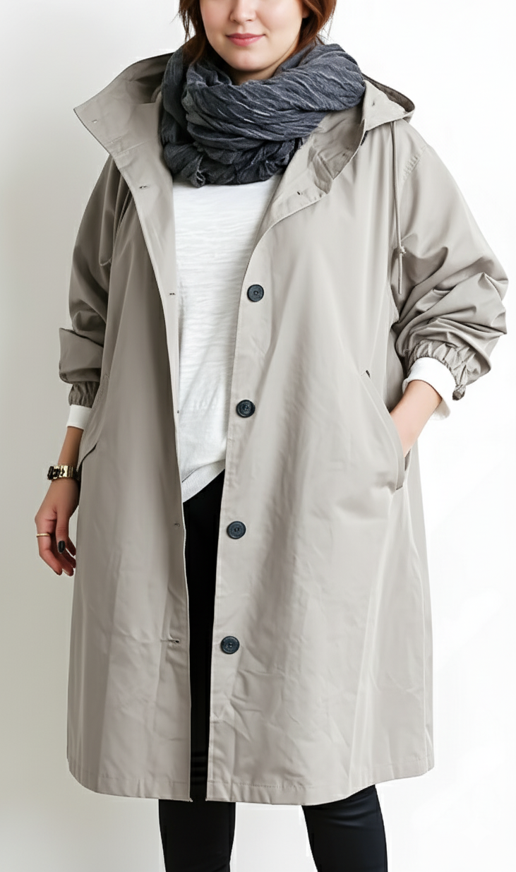 Vera capuchon trenchcoat in beige, vooraanzicht
