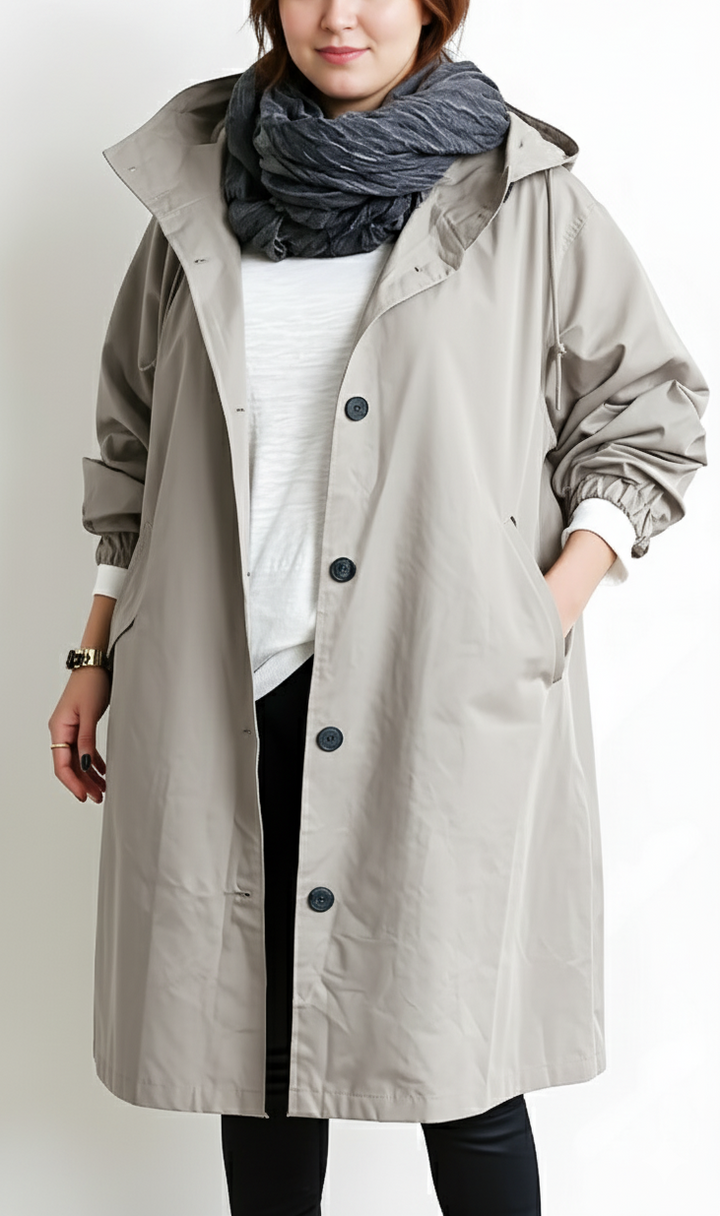 Vera capuchon trenchcoat in beige, vooraanzicht