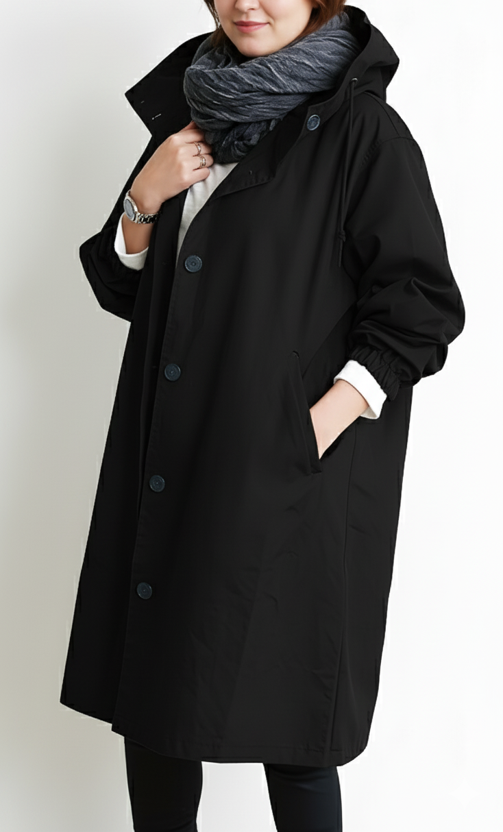 Vera capuchon trenchcoat in zwart, zijaanzicht