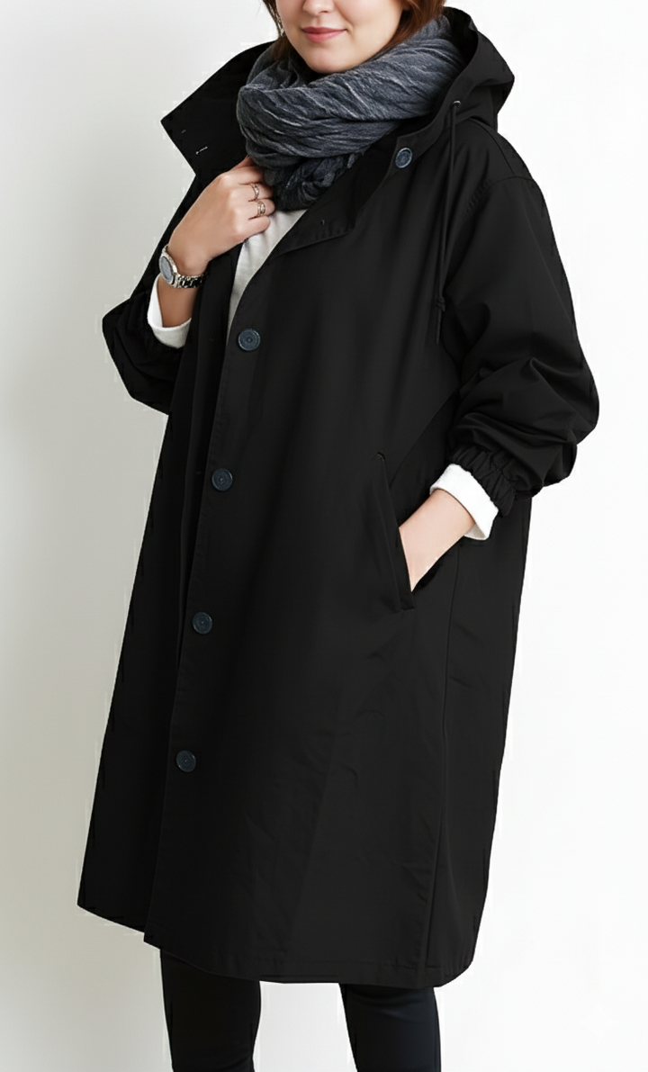 Vera capuchon trenchcoat in zwart, zijaanzicht