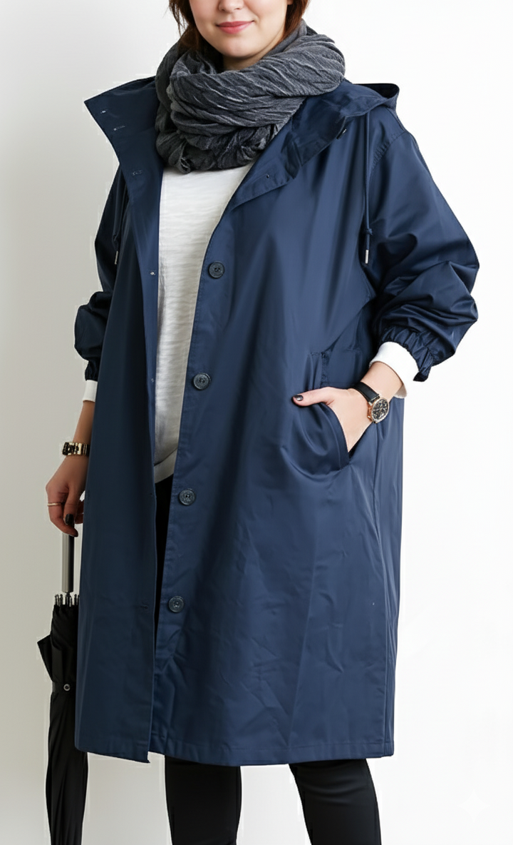 Vera capuchon trenchcoat in marineblauw, vooraanzicht met paraplu