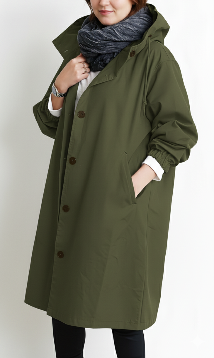 Vera capuchon trenchcoat in legergroen, zijaanzicht