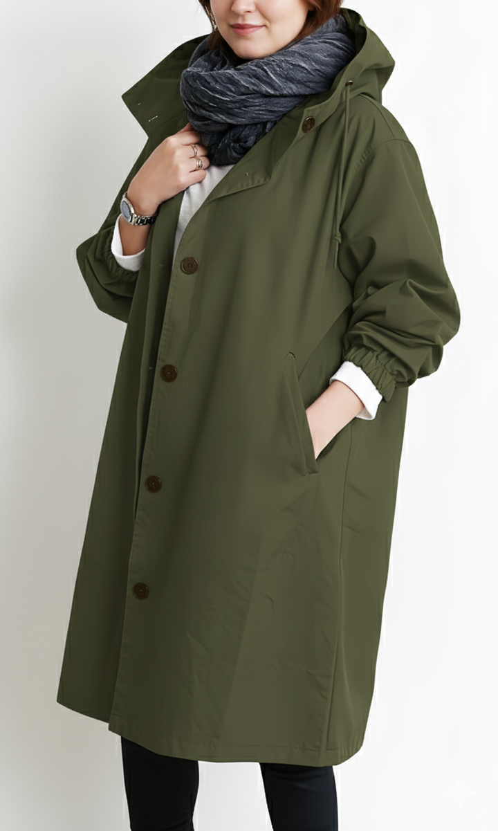 Vera capuchon trenchcoat in legergroen, zijaanzicht