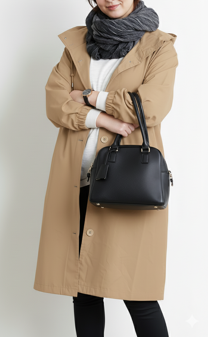 Vera capuchon trenchcoat in beige, gedragen met handtas