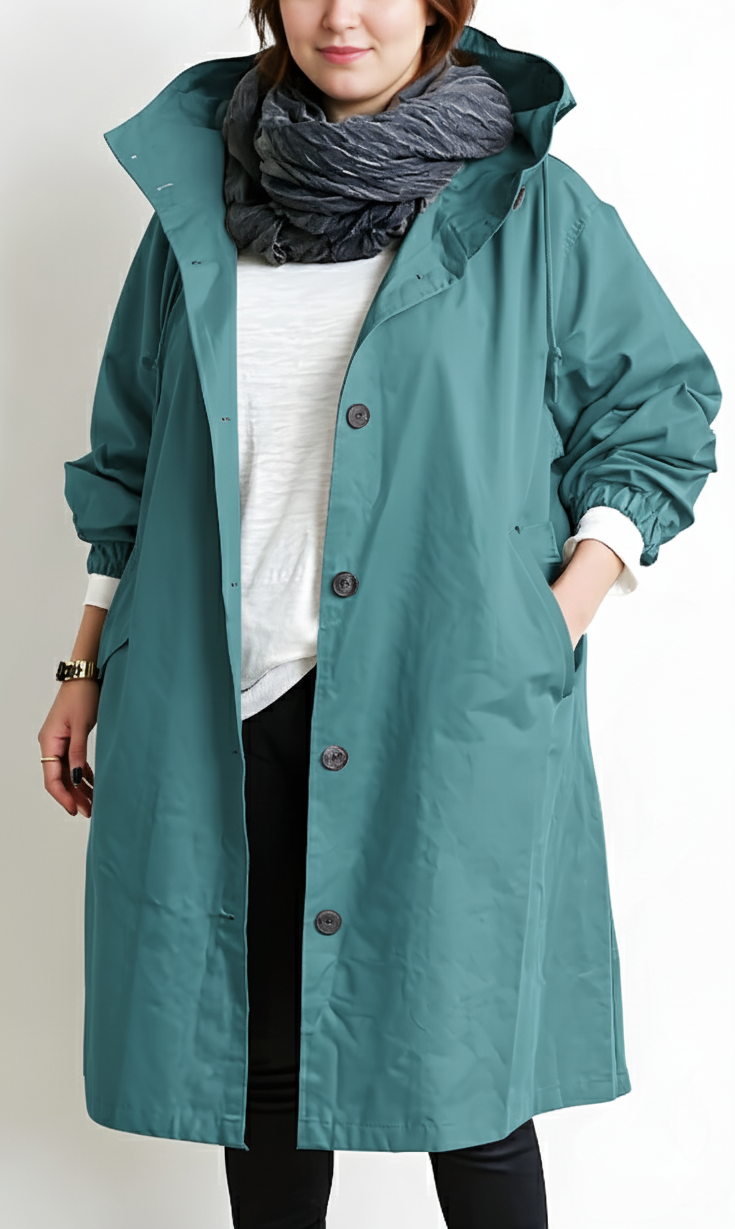 Vera capuchon trenchcoat in turquoise, vooraanzicht