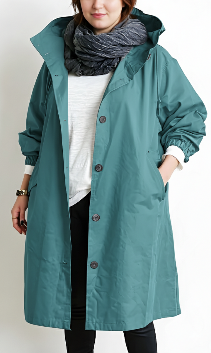 Vera capuchon trenchcoat in turquoise, vooraanzicht