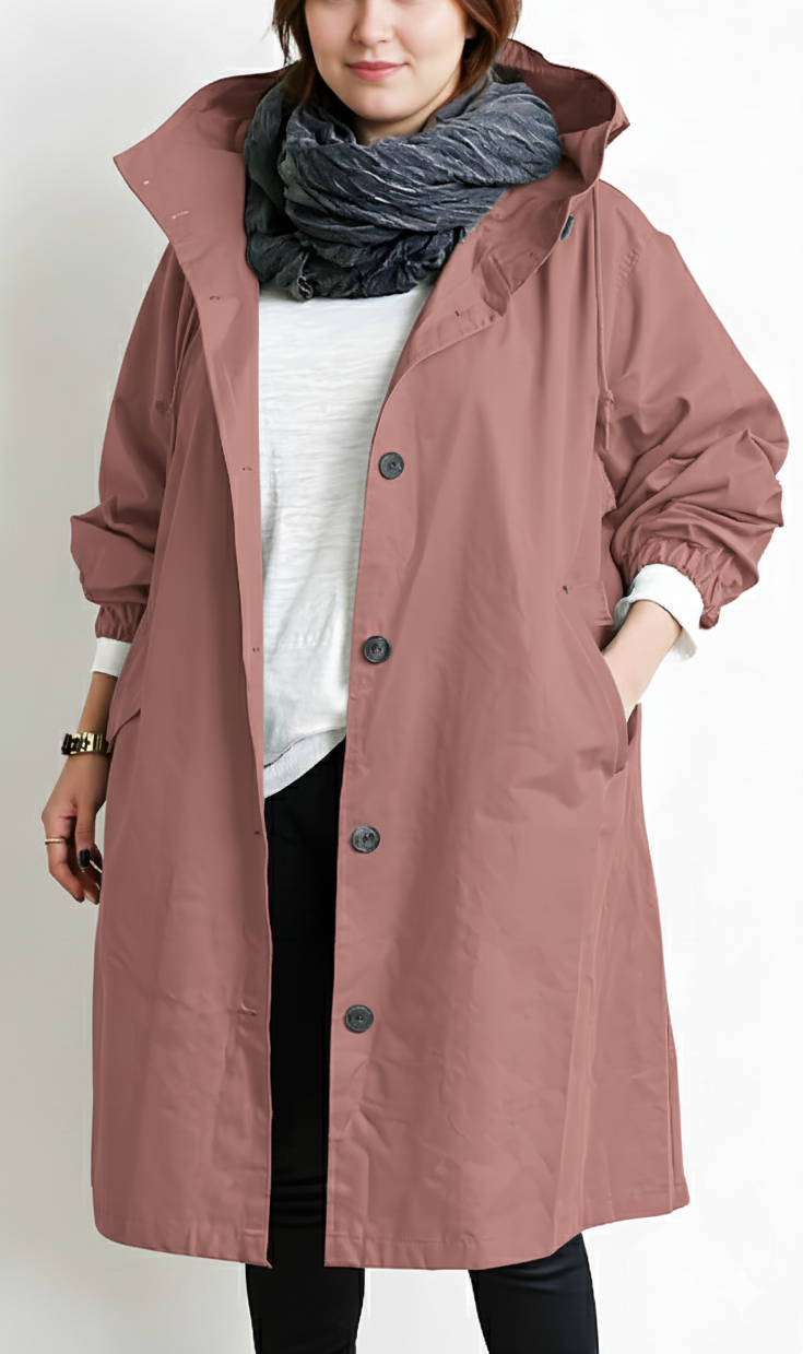 Vera capuchon trenchcoat in oudroze, vooraanzicht