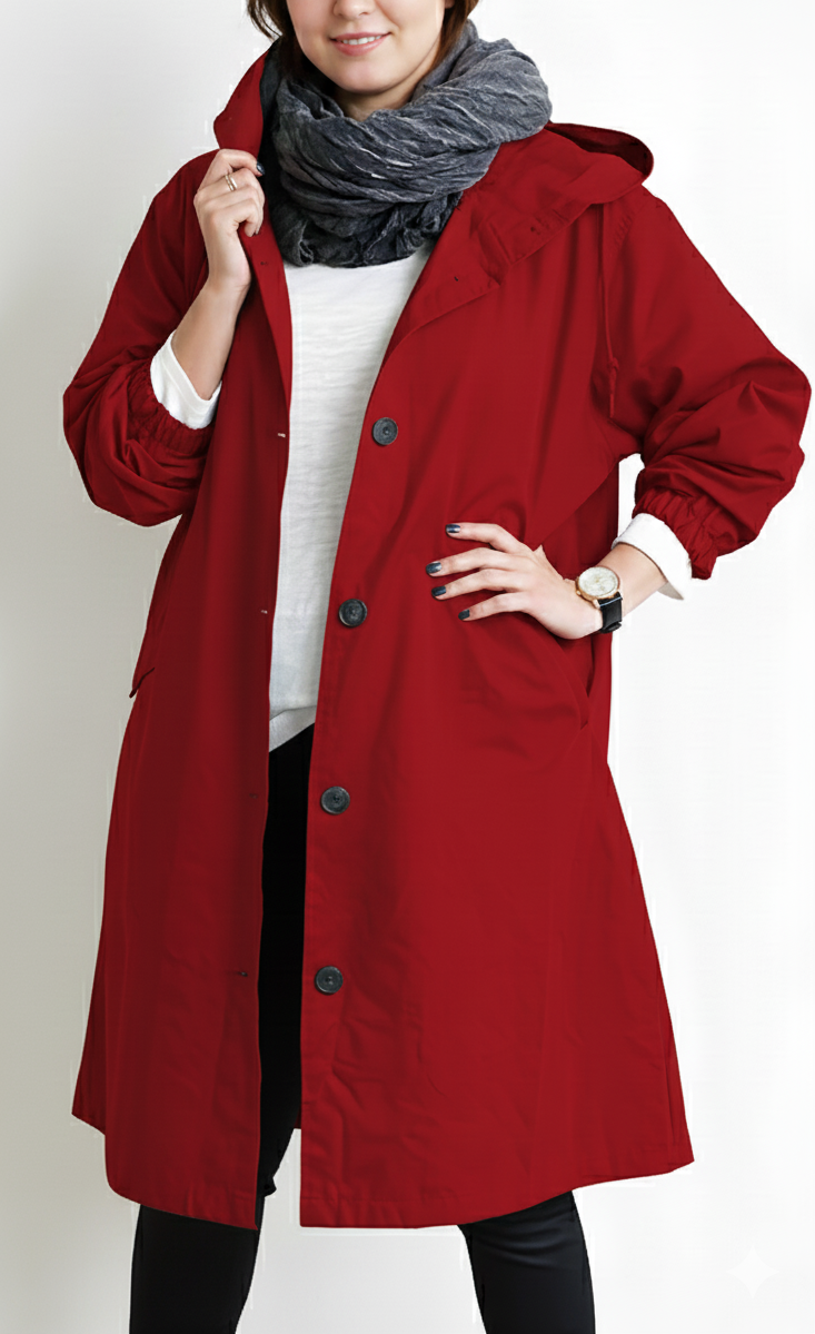 Vera capuchon trenchcoat in rood, vooraanzicht
