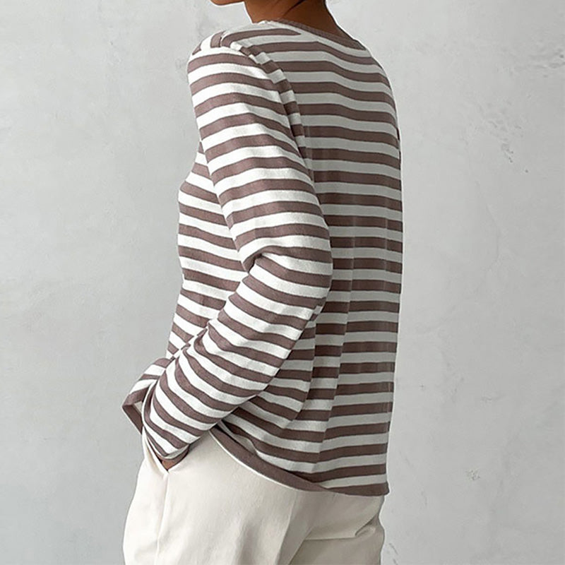 Wietske gestreepte sweatshirt in taupe en wit, achteraanzicht
