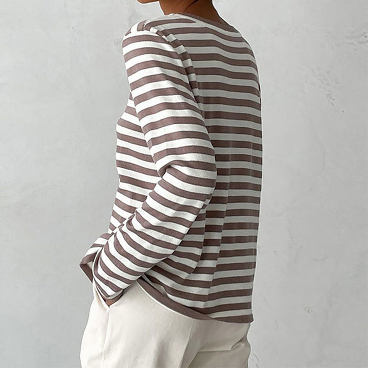 Wietske gestreepte sweatshirt in taupe en wit, achteraanzicht