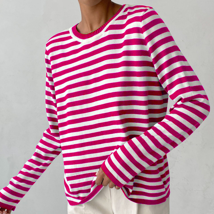 Wietske gestreepte sweatshirt in roze en wit, vooraanzicht
