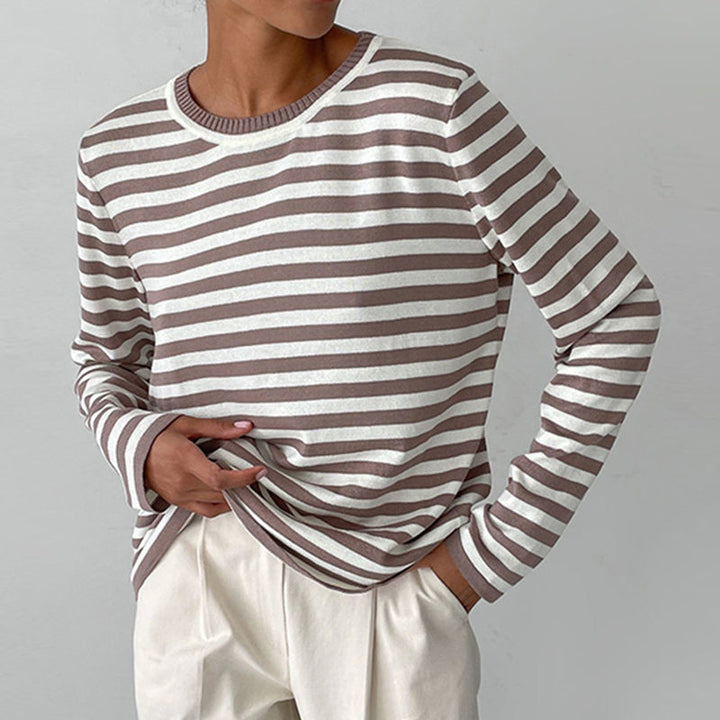 Wietske gestreepte sweatshirt in taupe en wit, vooraanzicht