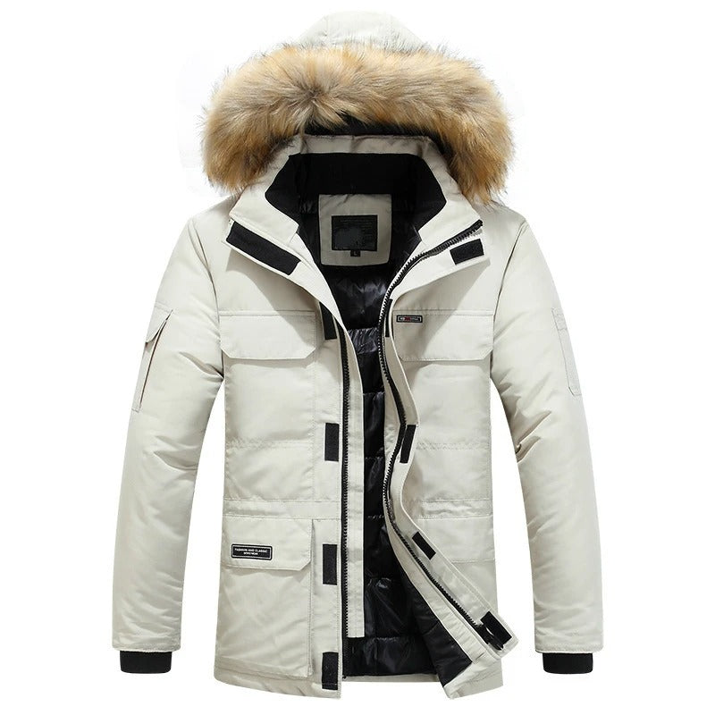 Willem winterjas met bontkraag, vooraanzicht in beige
