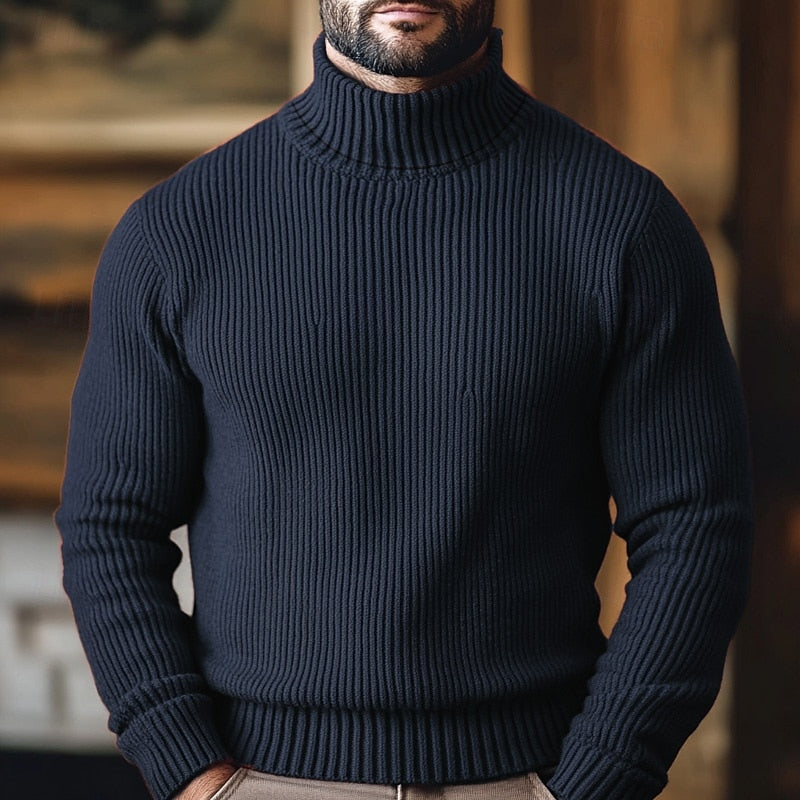 Willem geribde coltrui sweater in marineblauw, vooraanzicht