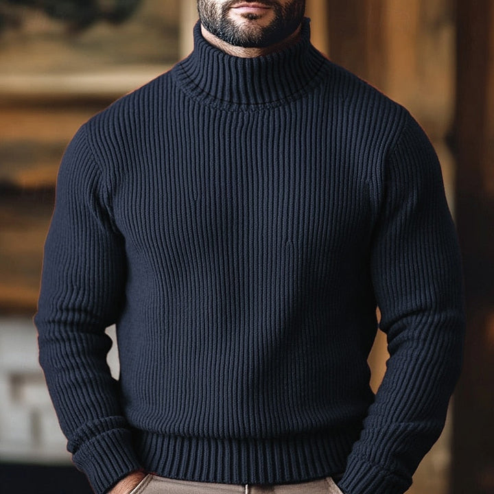 Willem geribde coltrui sweater in marineblauw, vooraanzicht