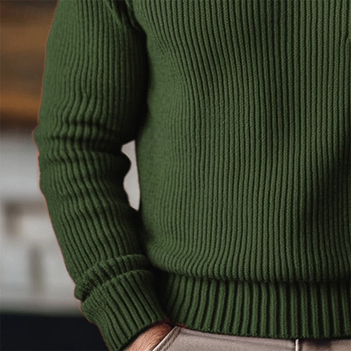Willem geribde coltrui close-up van mouw en manchet in groen