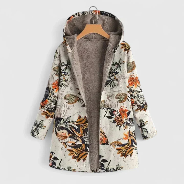 Willemijn bloemenprint winterjas met capuchon, vooraanzicht open
