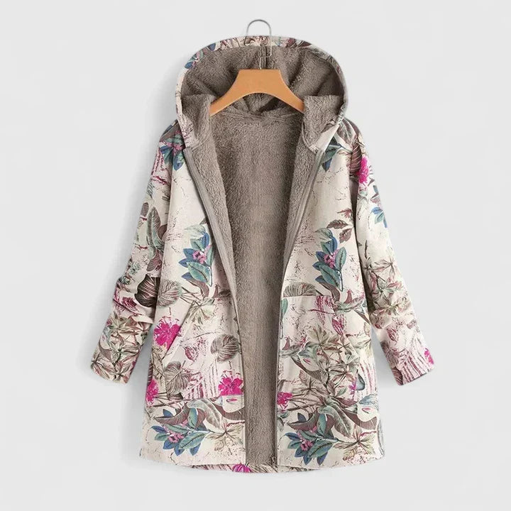 Willemijn bloemenprint winterjas met capuchon, roze print variant