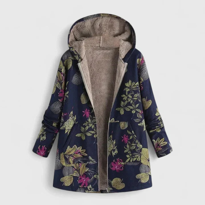 Willemijn bloemenprint winterjas met capuchon, donkerblauwe variant