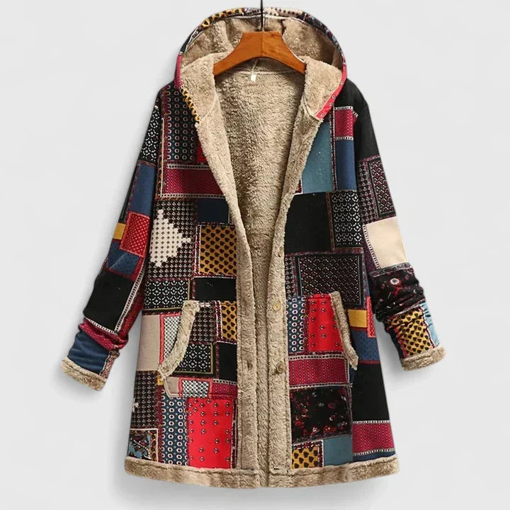 Willemijn patchwork winterjas met capuchon, kleurrijke print