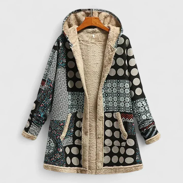 Willemijn patchwork winterjas met capuchon, stippen en print detail
